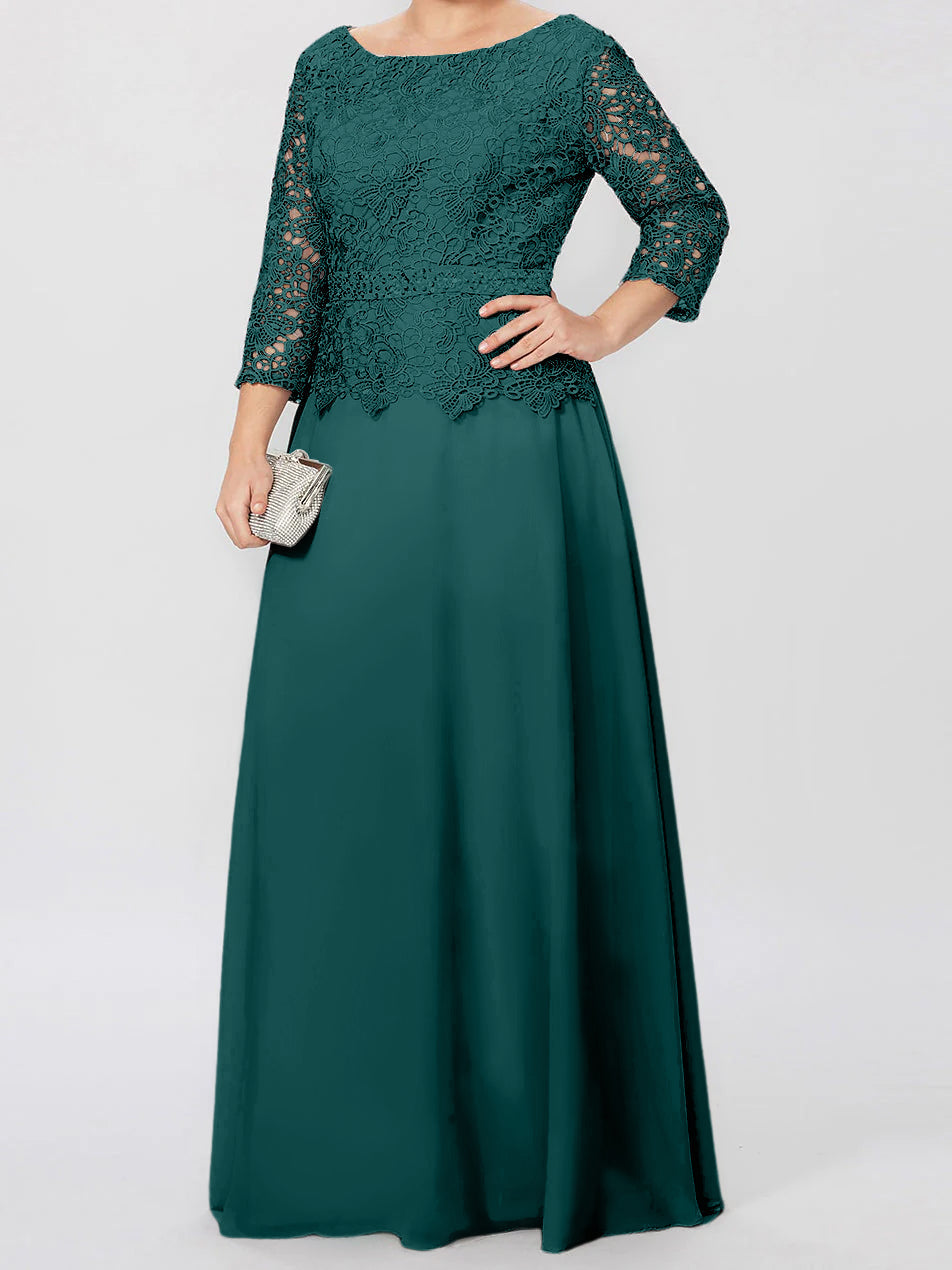 Floor Length A Line Gown Round Neck Three Quarter Sleeves Applique Sequins