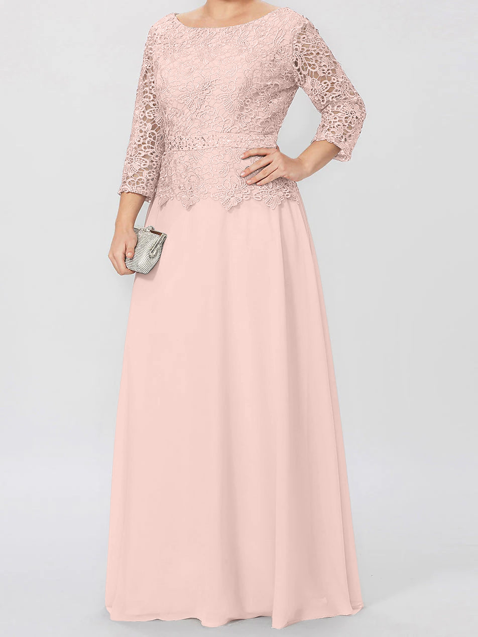 Floor Length A Line Gown Round Neck Three Quarter Sleeves Applique Sequins