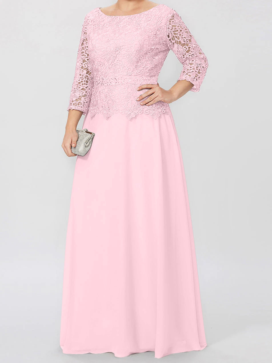 Floor Length A Line Gown Round Neck Three Quarter Sleeves Applique Sequins