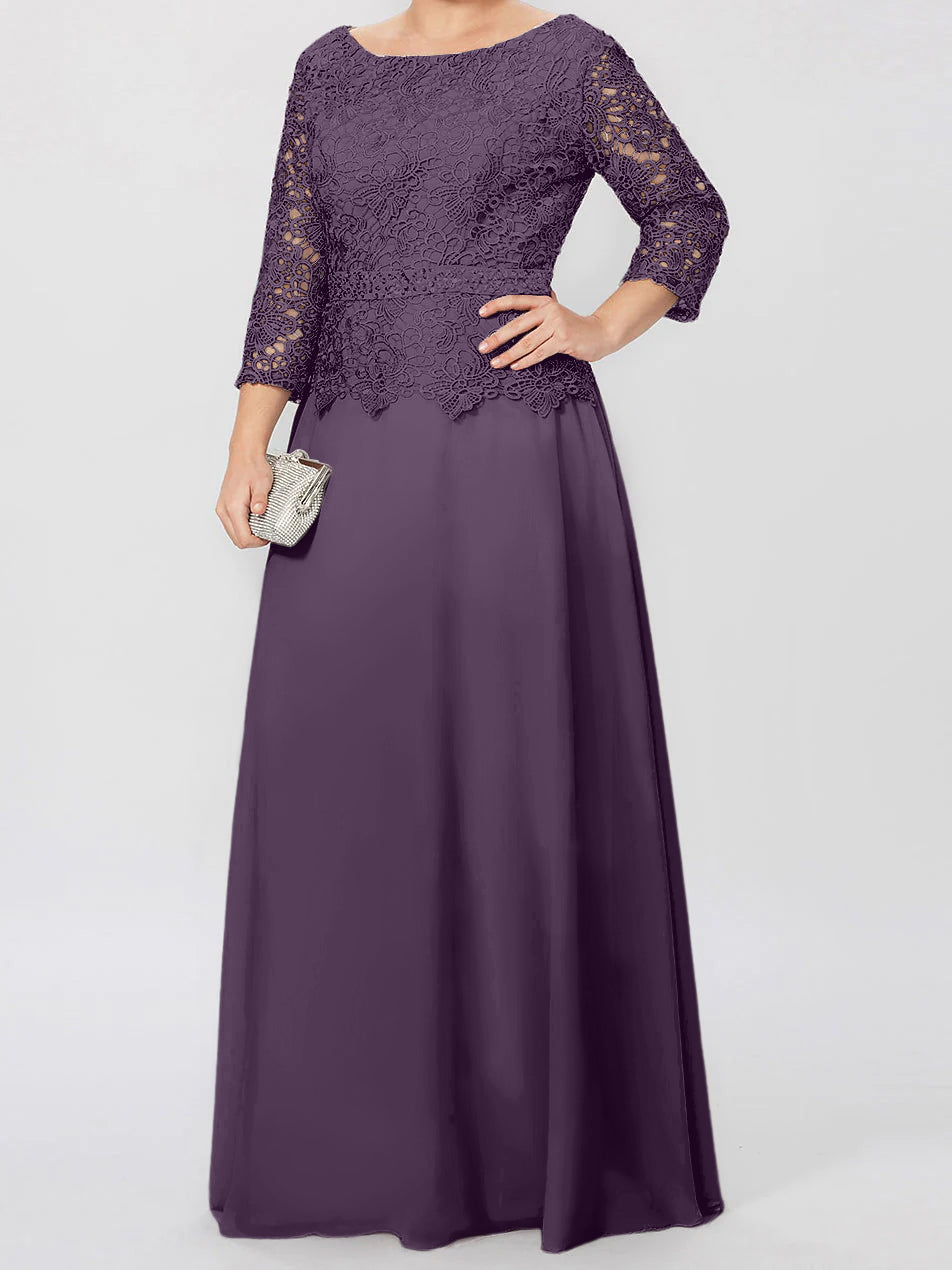 Floor Length A Line Gown Round Neck Three Quarter Sleeves Applique Sequins