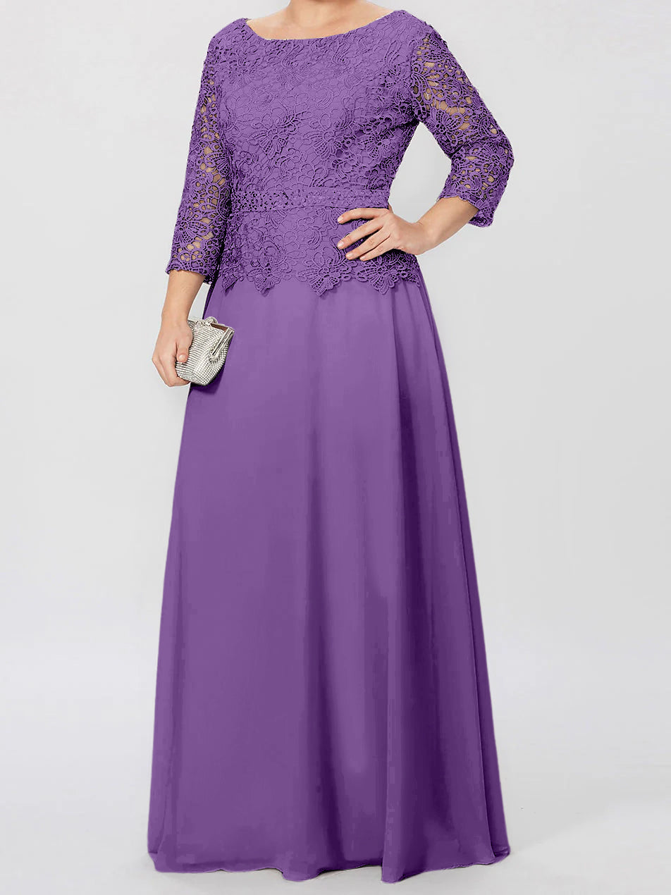 Floor Length A Line Gown Round Neck Three Quarter Sleeves Applique Sequins