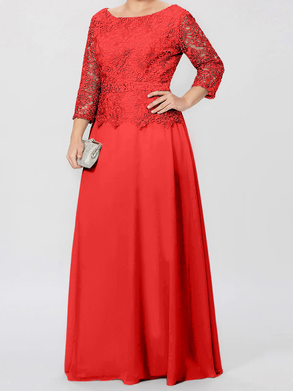 Floor Length A Line Gown Round Neck Three Quarter Sleeves Applique Sequins