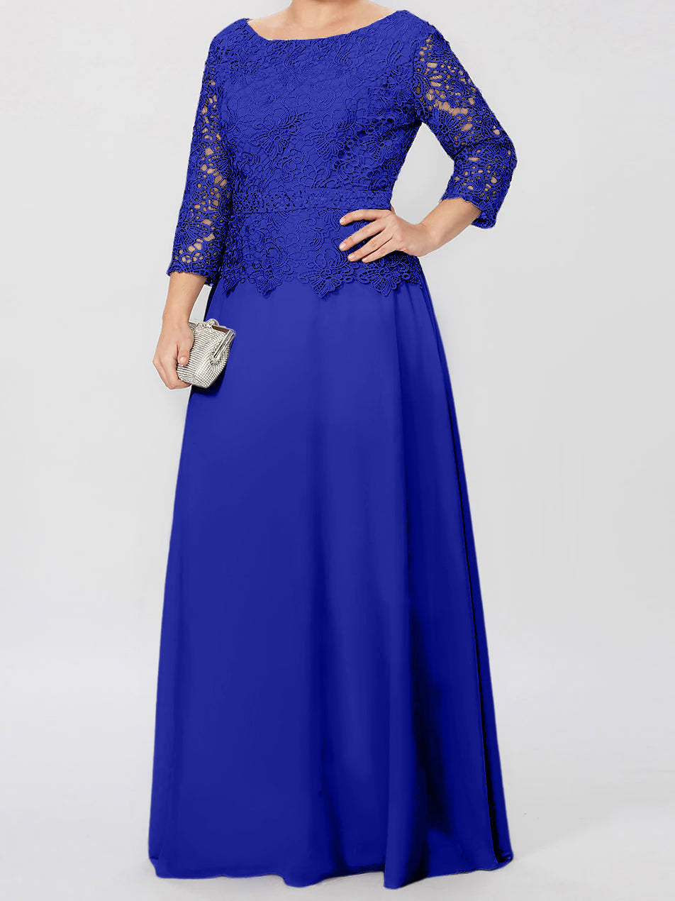 Floor Length A Line Gown Round Neck Three Quarter Sleeves Applique Sequins