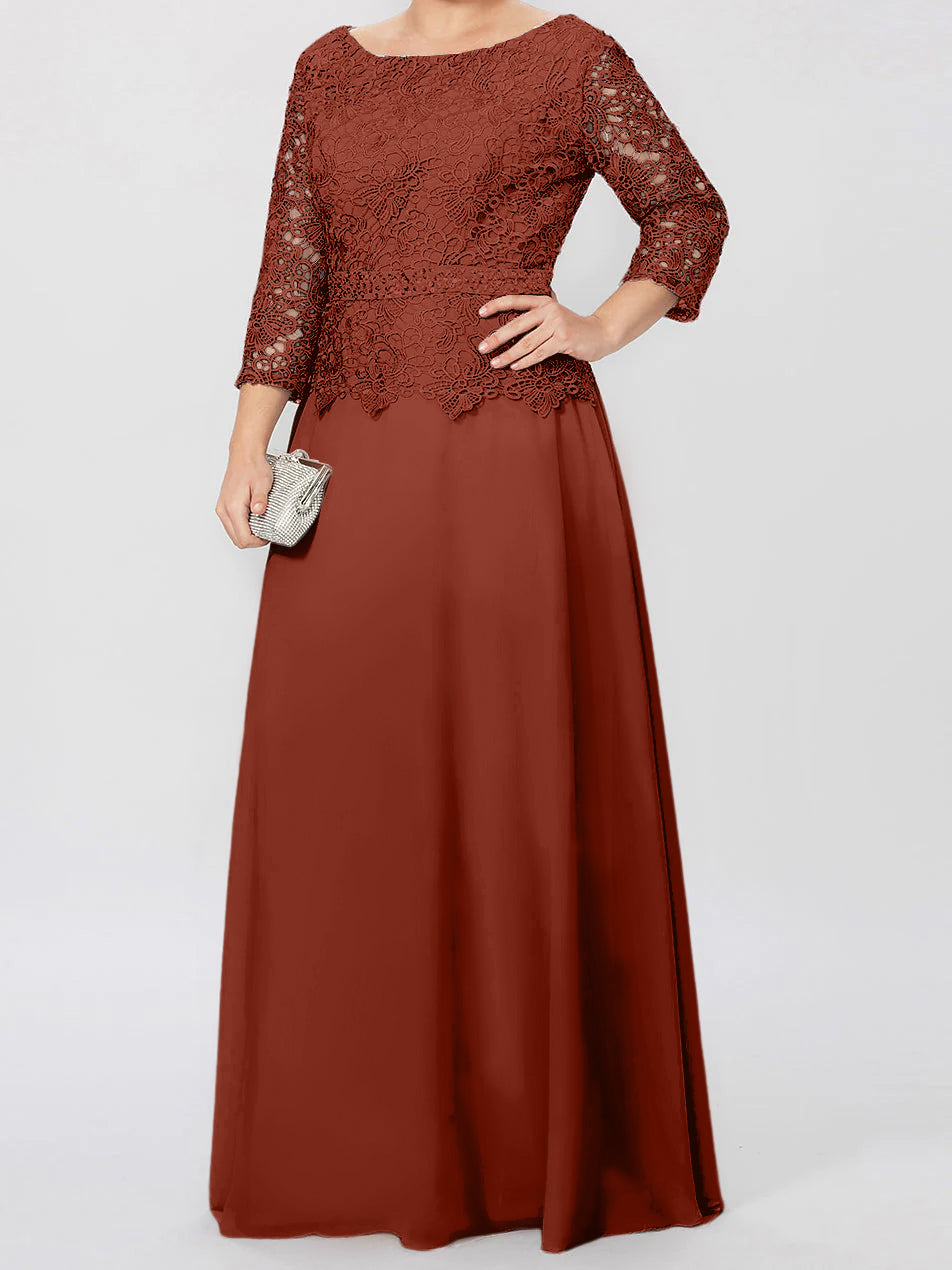 Floor Length A Line Gown Round Neck Three Quarter Sleeves Applique Sequins