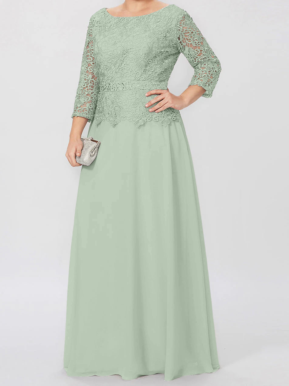 Floor Length A Line Gown Round Neck Three Quarter Sleeves Applique Sequins