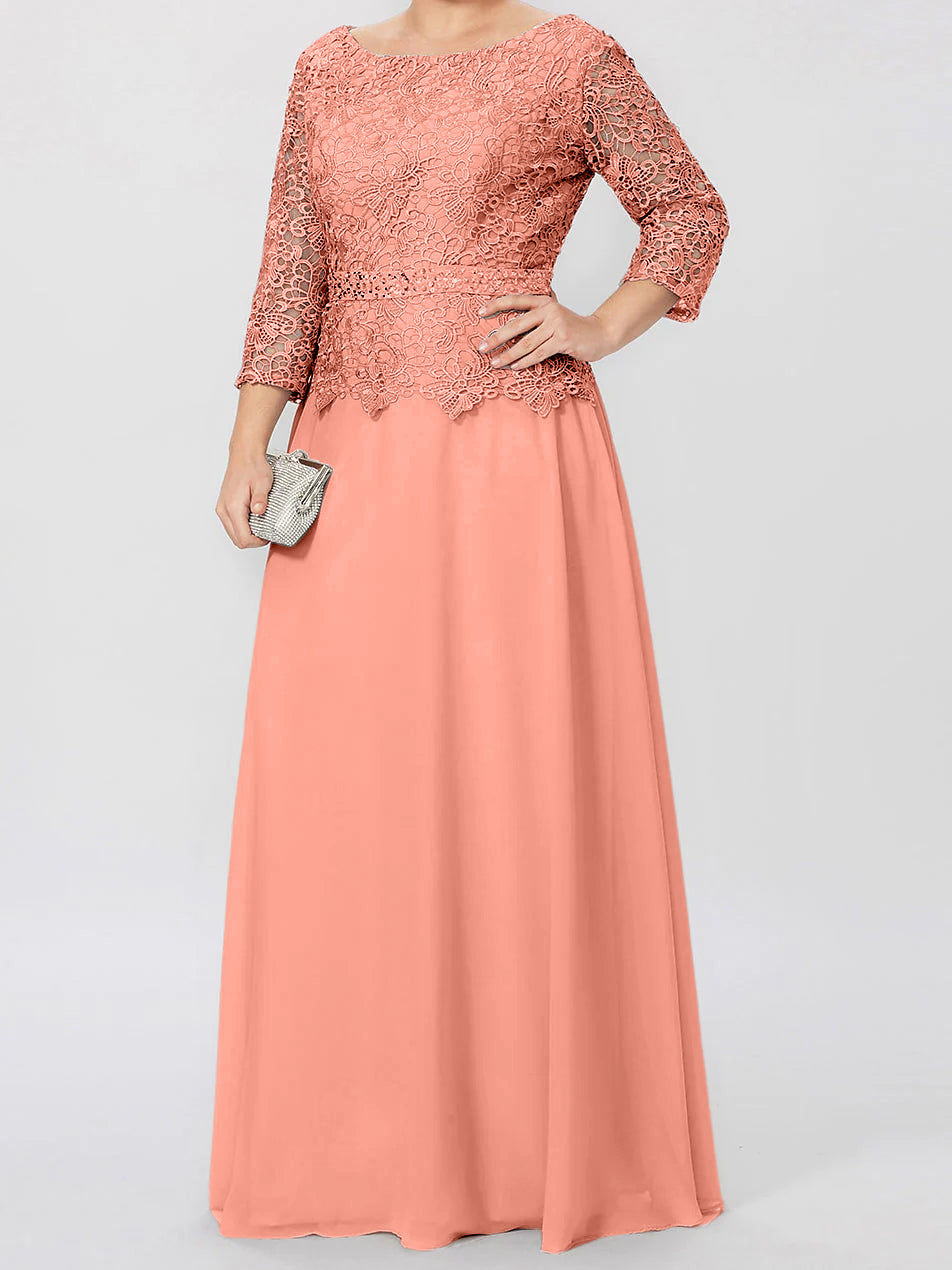 Floor Length A Line Gown Round Neck Three Quarter Sleeves Applique Sequins