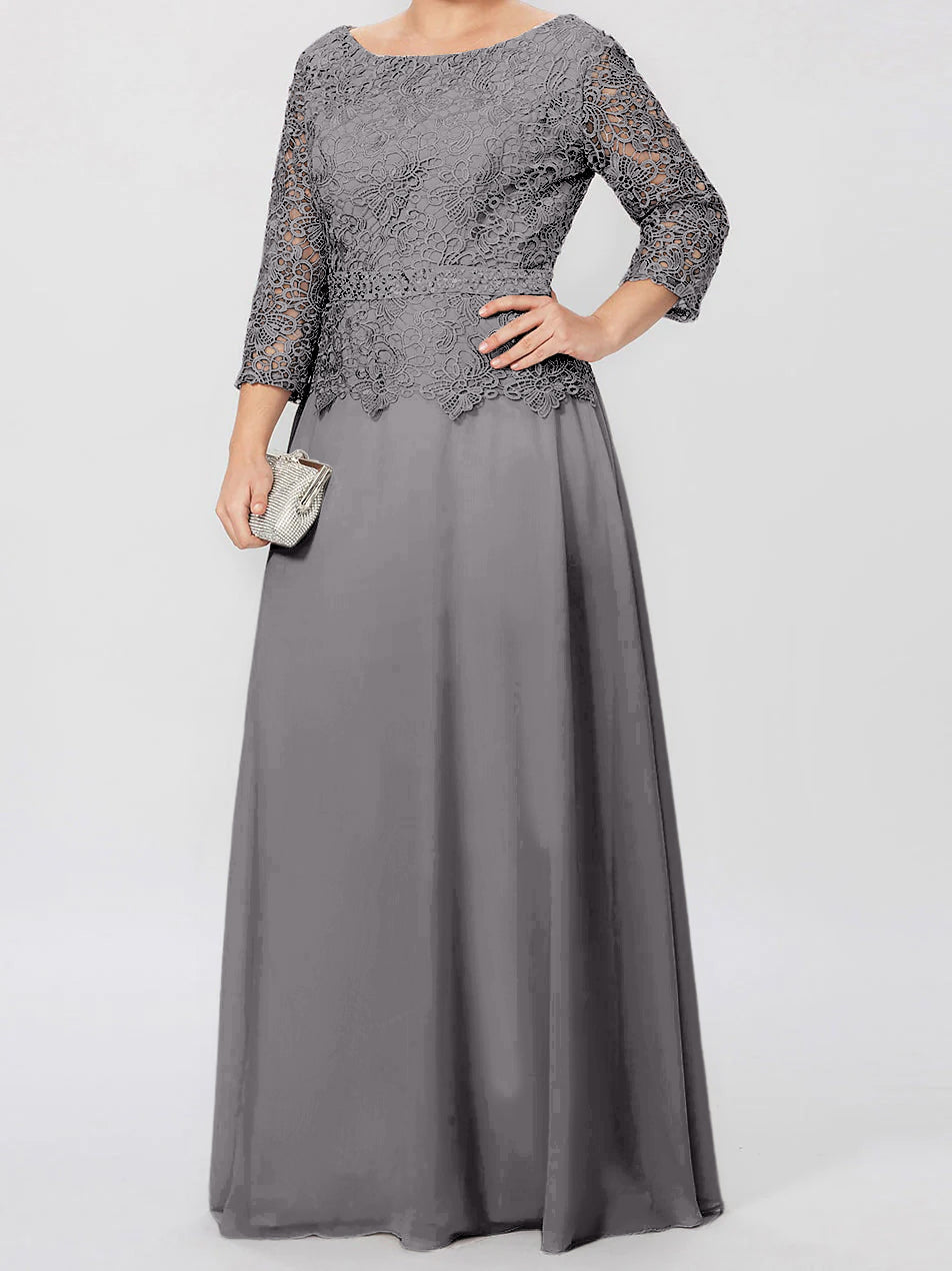 Floor Length A Line Gown Round Neck Three Quarter Sleeves Applique Sequins