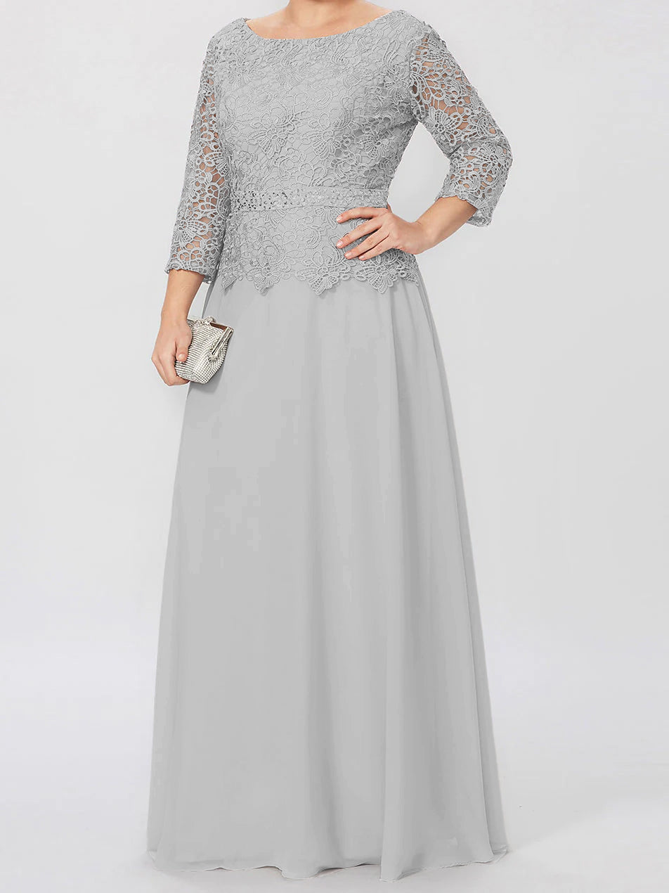 Floor Length A Line Gown Round Neck Three Quarter Sleeves Applique Sequins