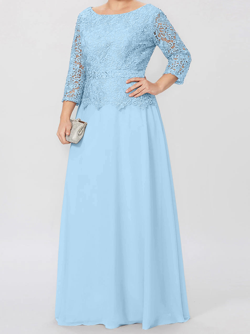Floor Length A Line Gown Round Neck Three Quarter Sleeves Applique Sequins