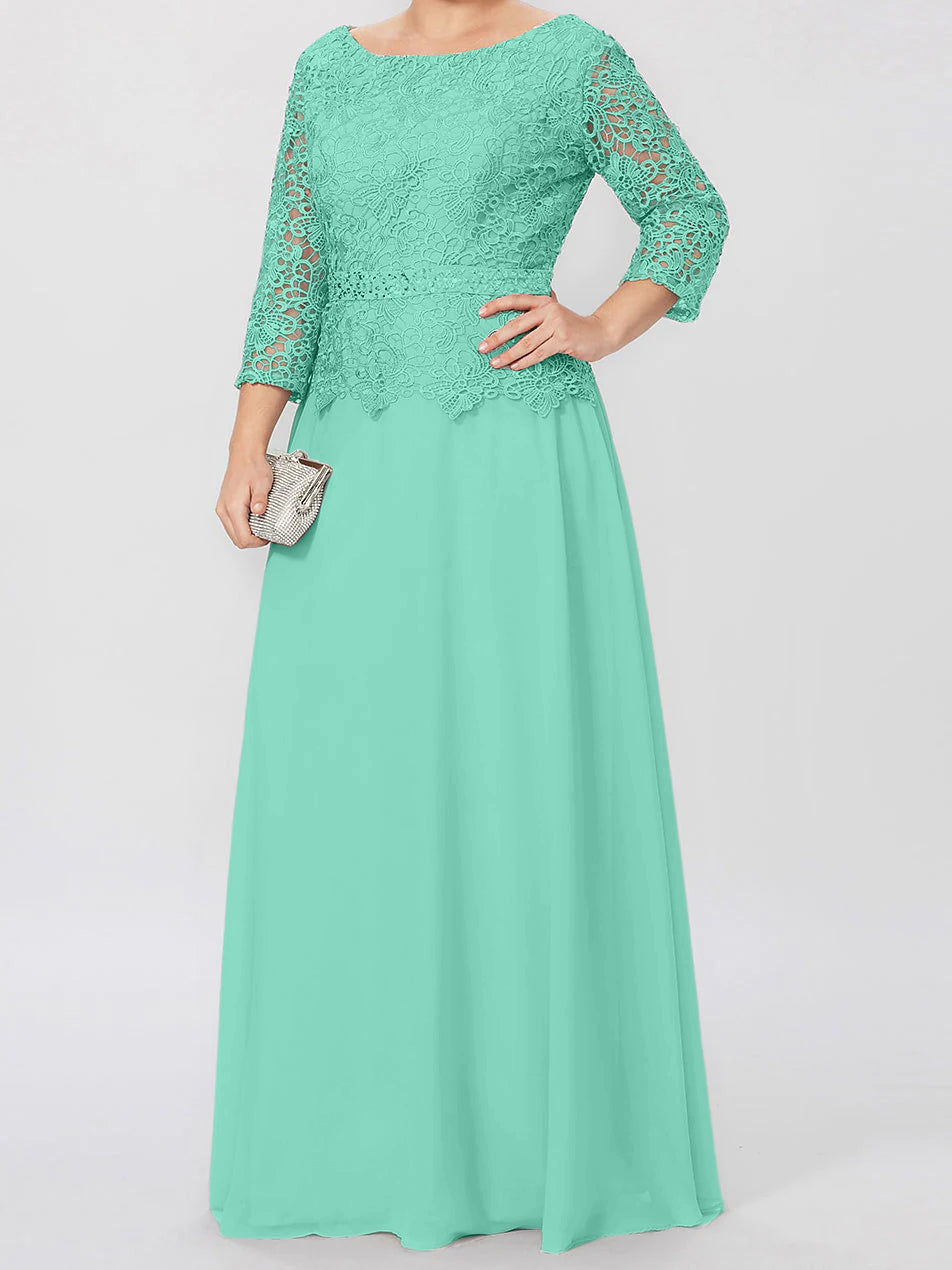 Floor Length A Line Gown Round Neck Three Quarter Sleeves Applique Sequins