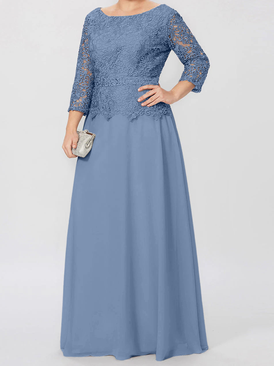 Floor Length A Line Gown Round Neck Three Quarter Sleeves Applique Sequins