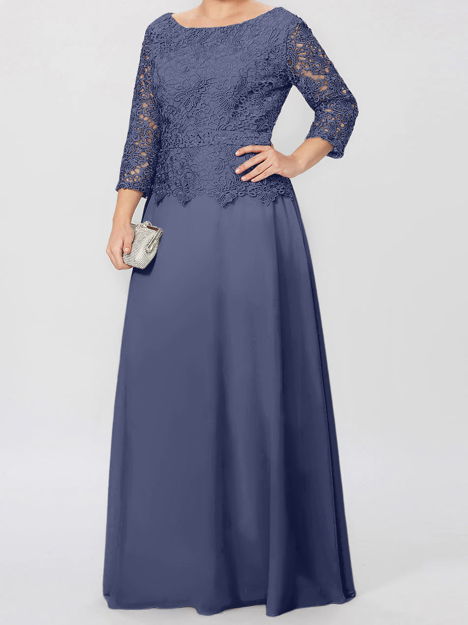 Floor Length A Line Gown Round Neck Three Quarter Sleeves Applique Sequins