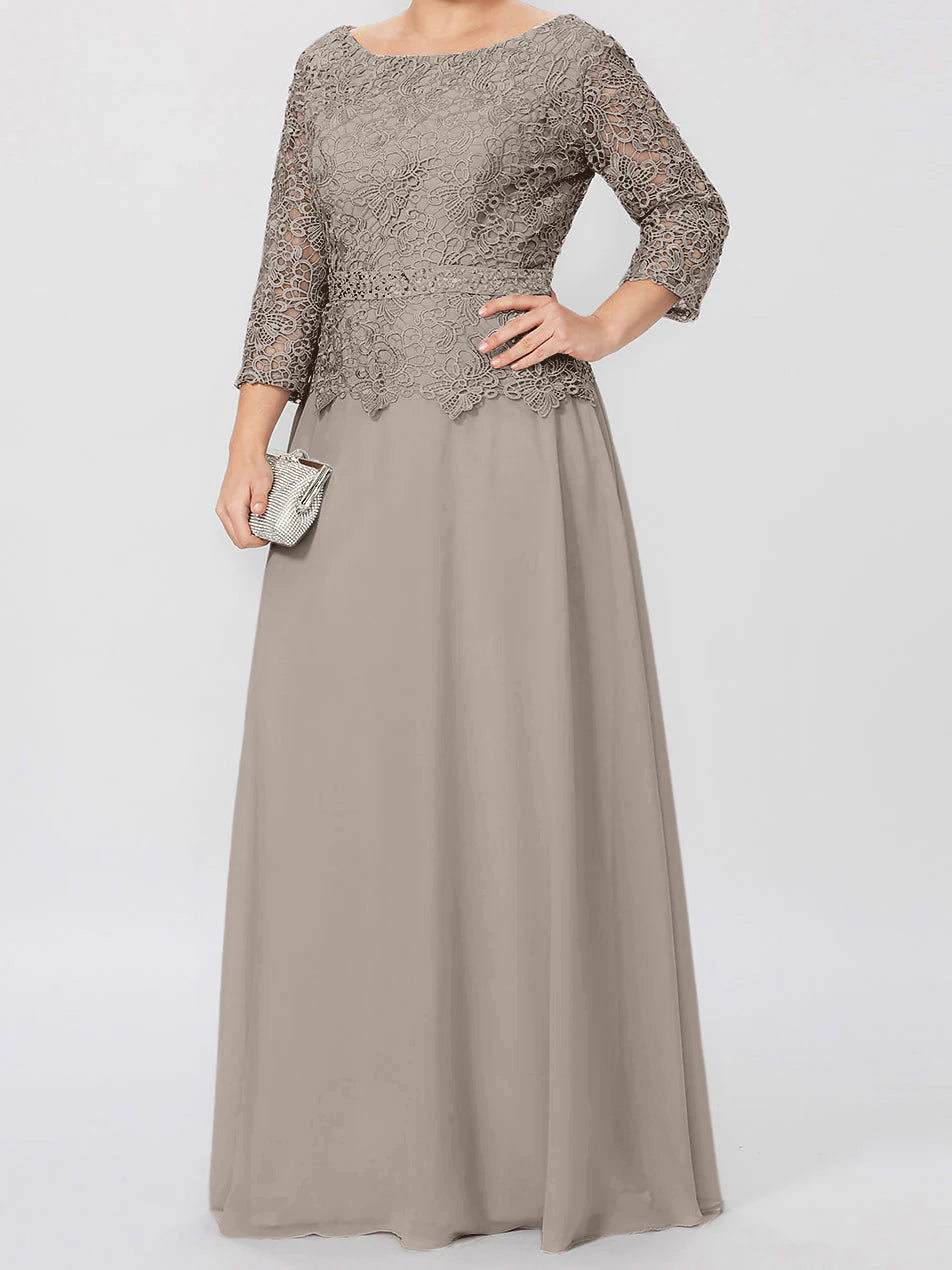 Floor Length A Line Gown Round Neck Three Quarter Sleeves Applique Sequins