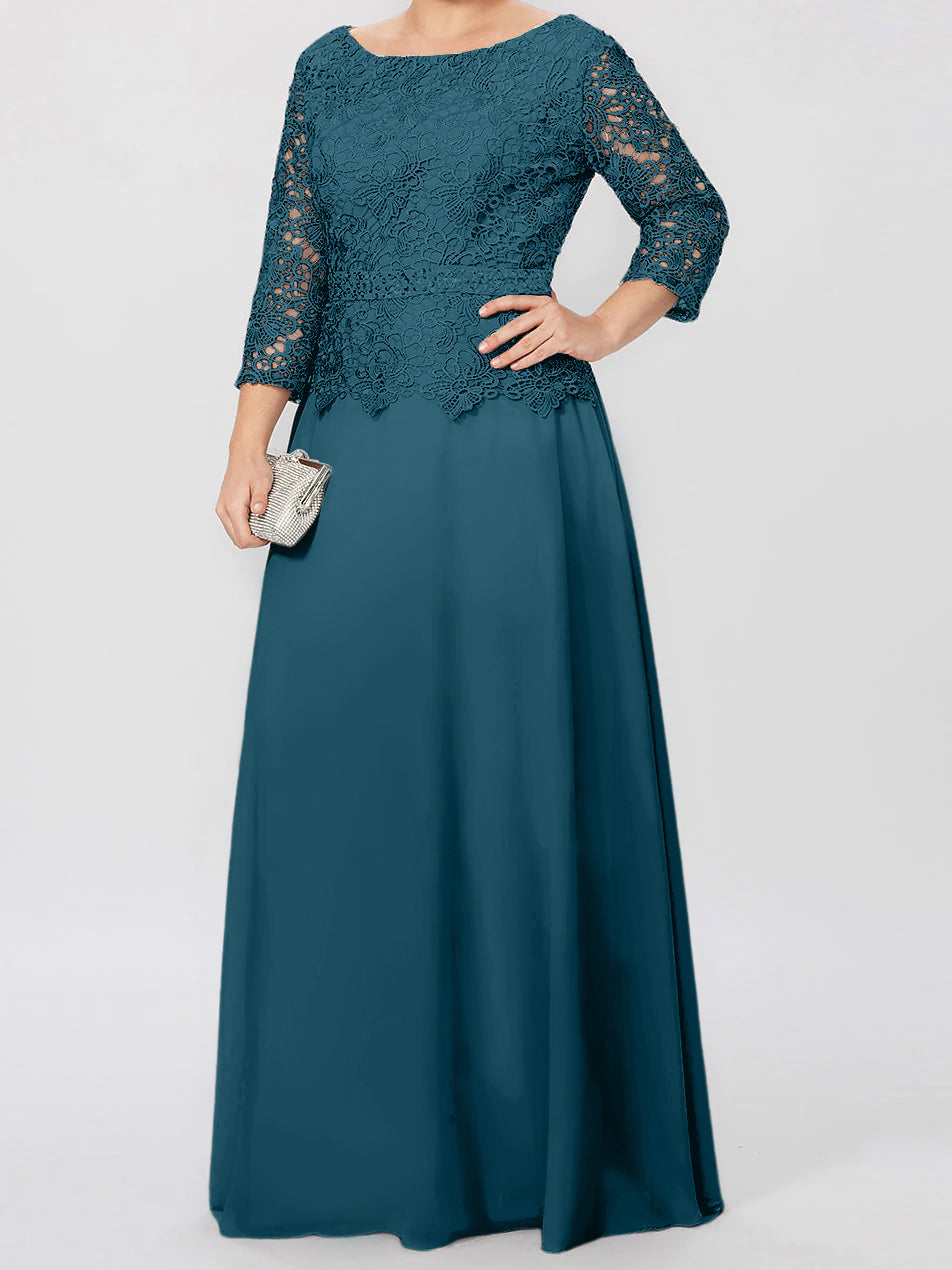Floor Length A Line Gown Round Neck Three Quarter Sleeves Applique Sequins