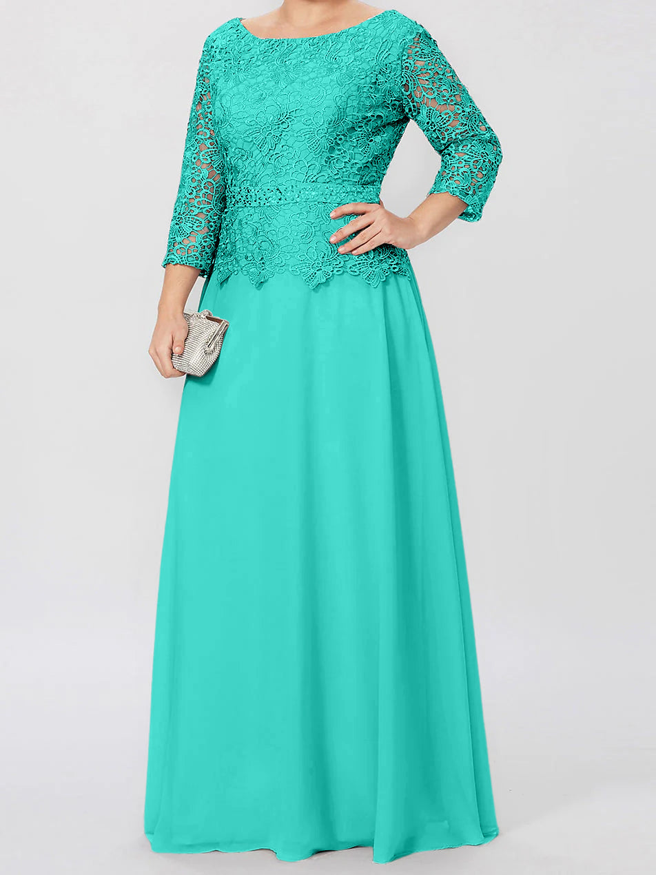 Floor Length A Line Gown Round Neck Three Quarter Sleeves Applique Sequins