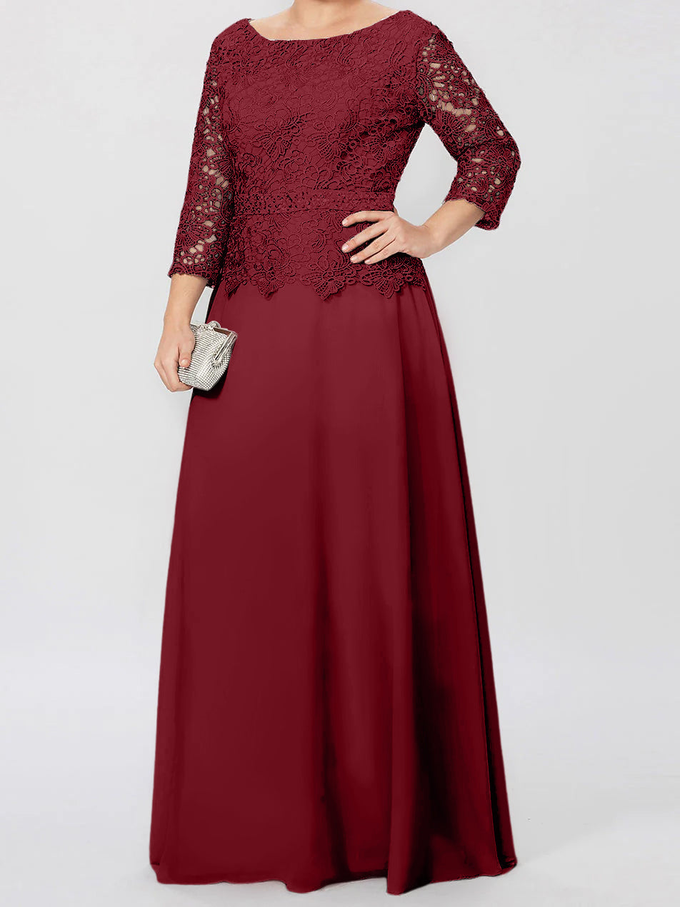Floor Length A Line Gown Round Neck Three Quarter Sleeves Applique Sequins