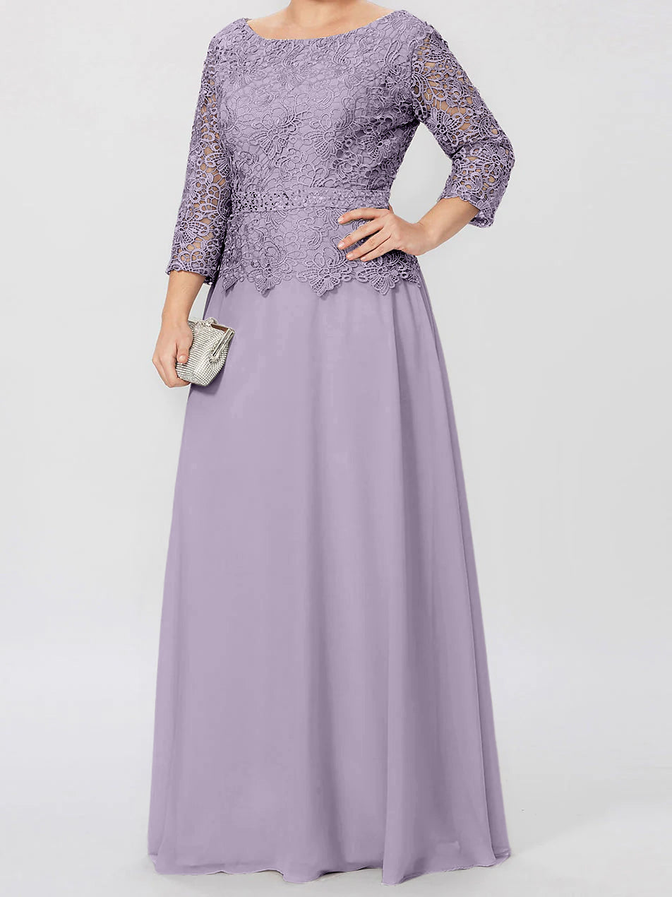Floor Length A Line Gown Round Neck Three Quarter Sleeves Applique Sequins