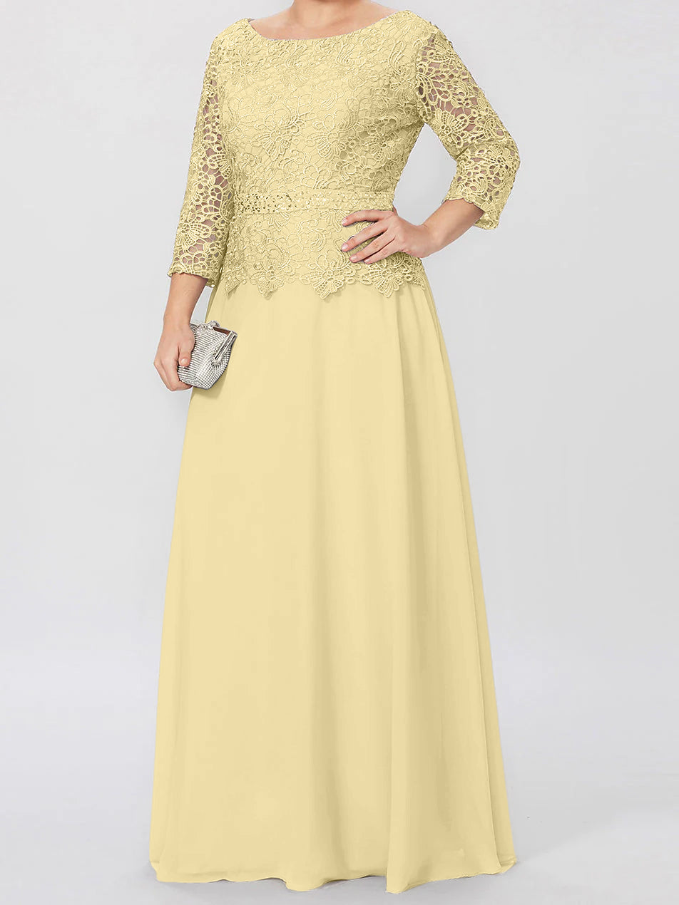 Floor Length A Line Gown Round Neck Three Quarter Sleeves Applique Sequins
