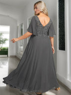 V-Neck A-Line Floor-Length Mother Of The Bride Dress Applique Half Sleeves