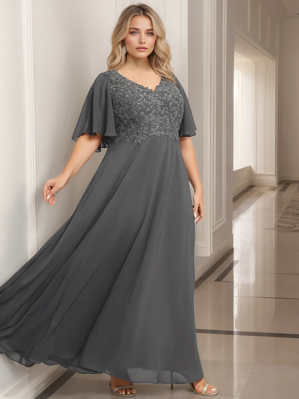 V-Neck A-Line Floor-Length Mother Of The Bride Dress Applique Half Sleeves