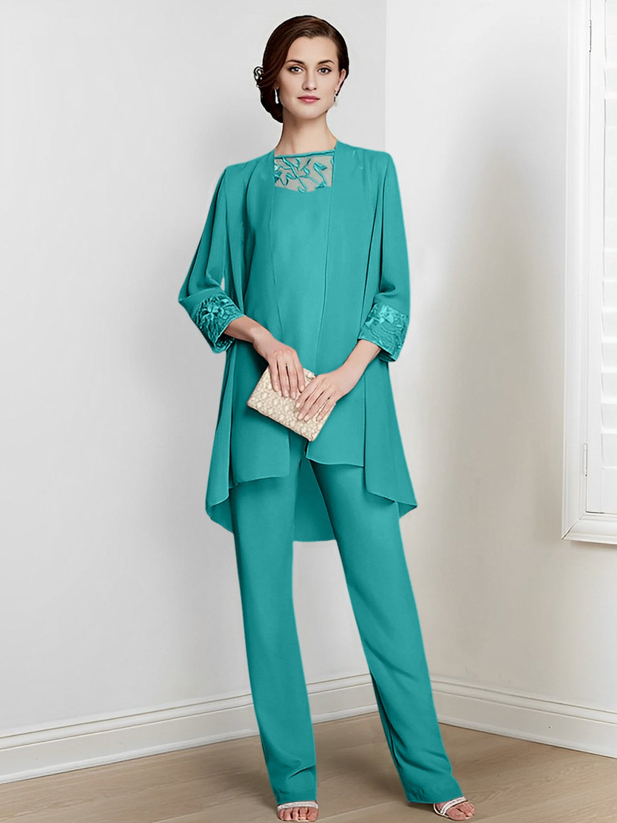 Floor Length Chiffon Pantsuit With Square Neck And Jacket For Mother Of The Bride