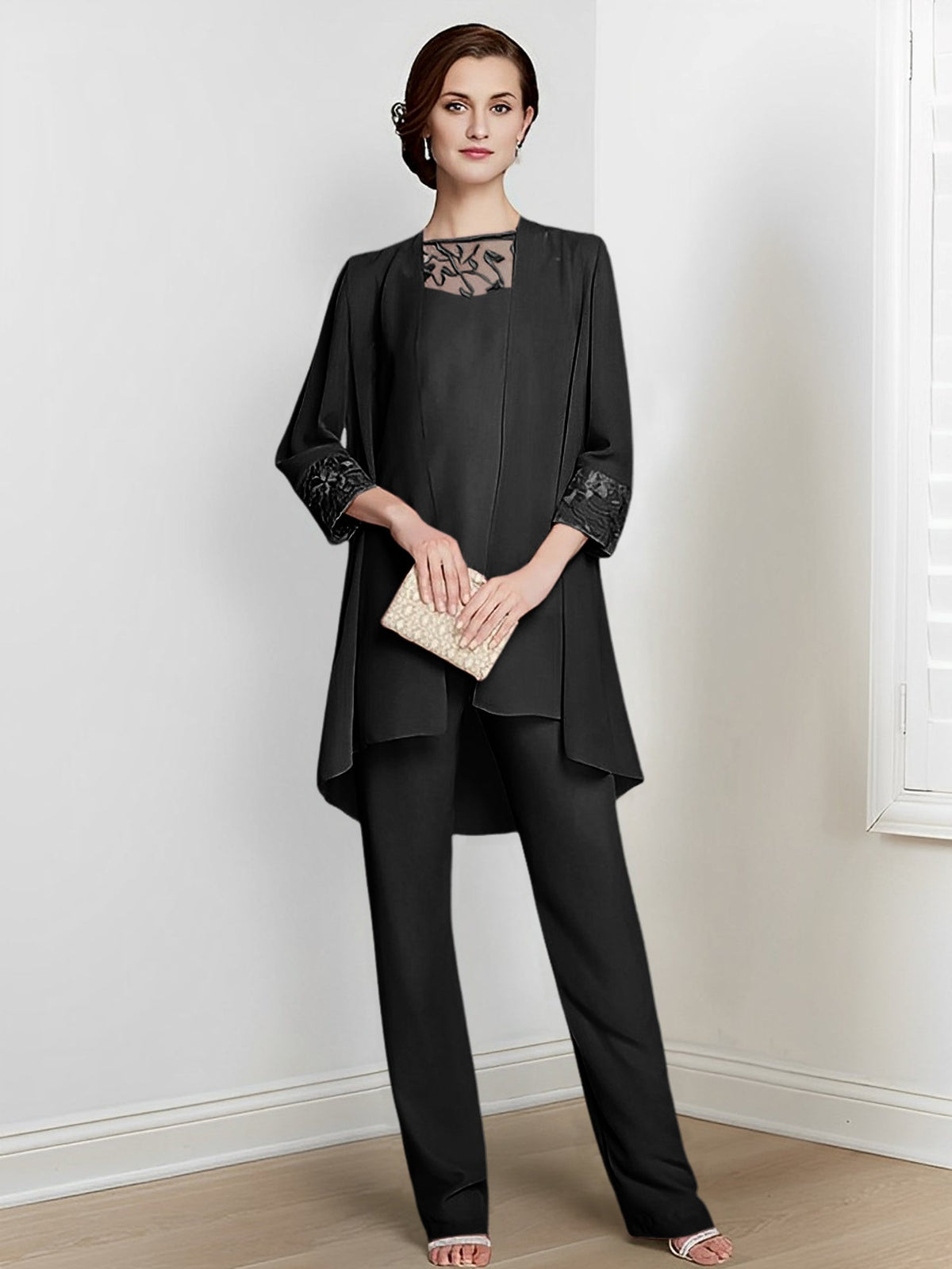 Floor Length Chiffon Pantsuit With Square Neck And Jacket For Mother Of The Bride