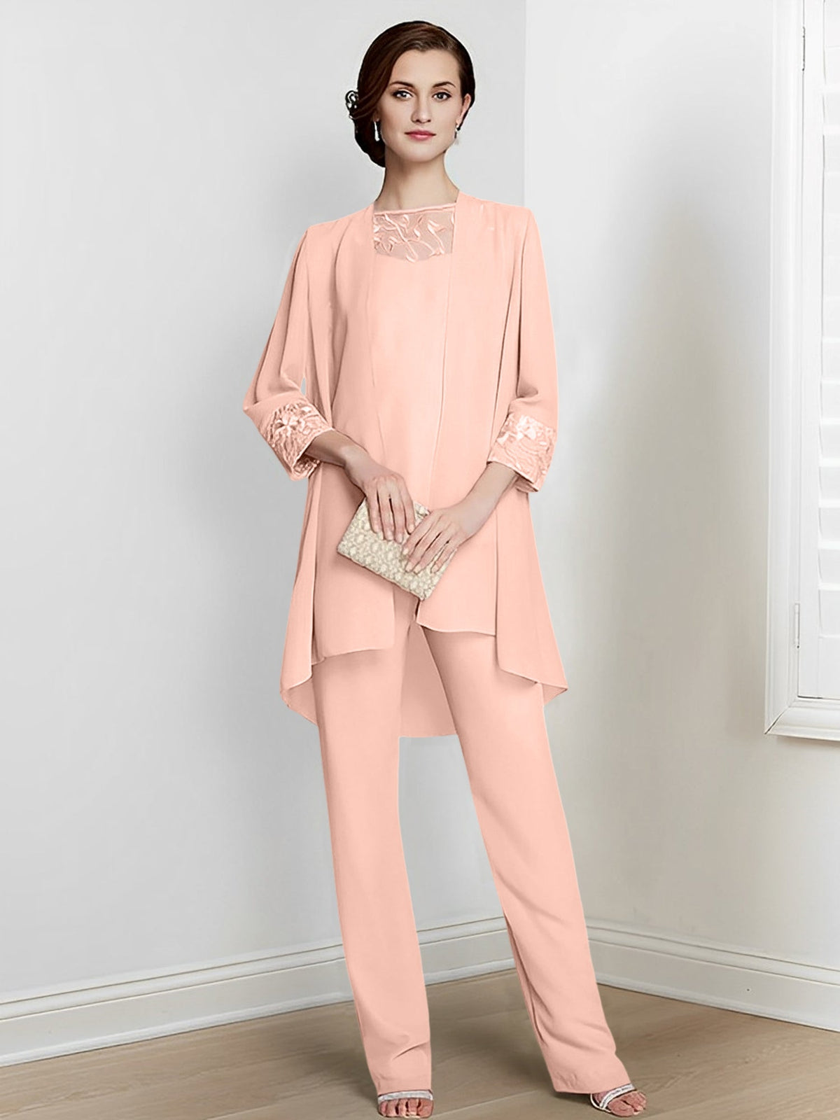 Floor Length Chiffon Pantsuit With Square Neck And Jacket For Mother Of The Bride