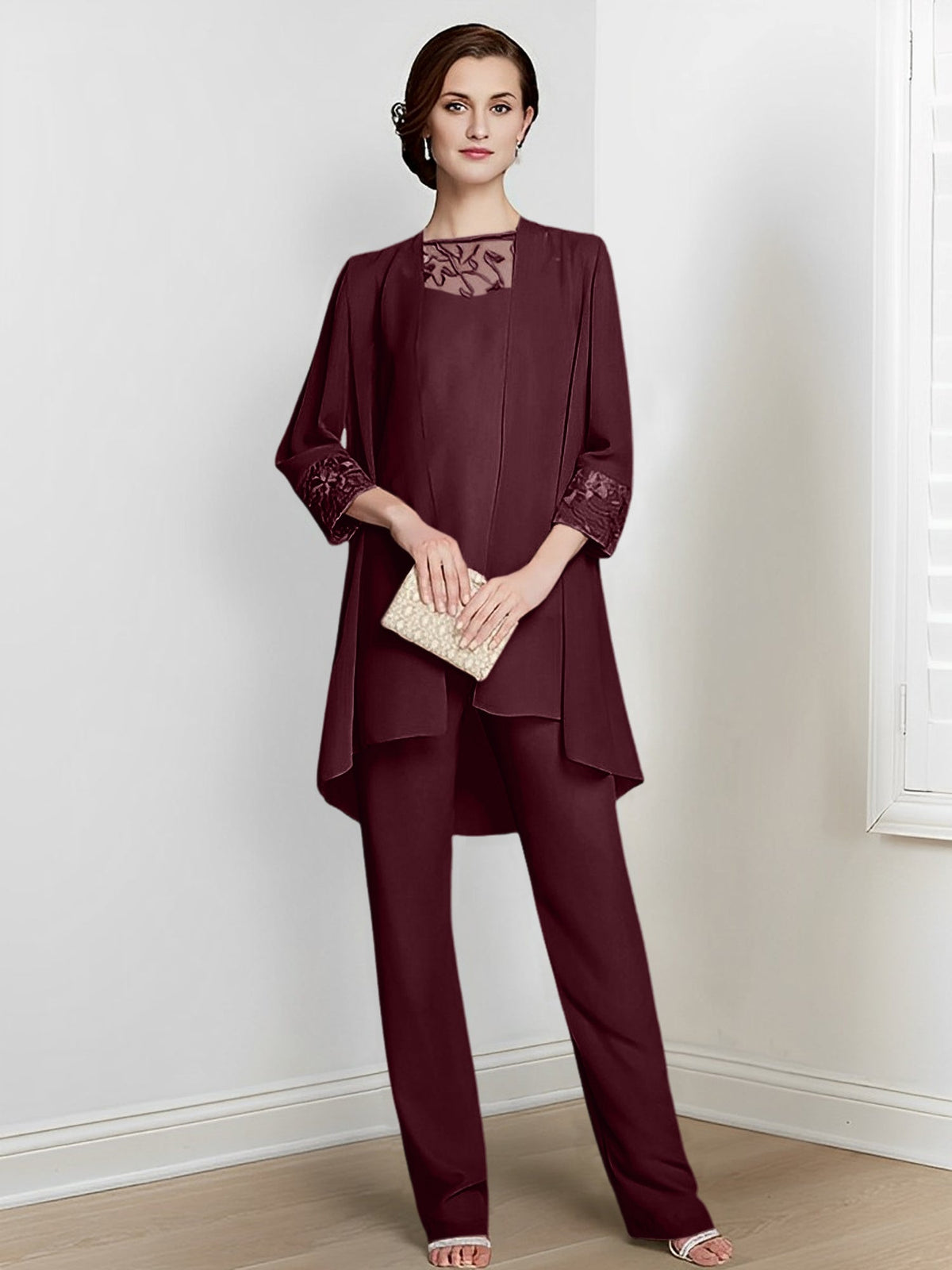 Floor Length Chiffon Pantsuit With Square Neck And Jacket For Mother Of The Bride