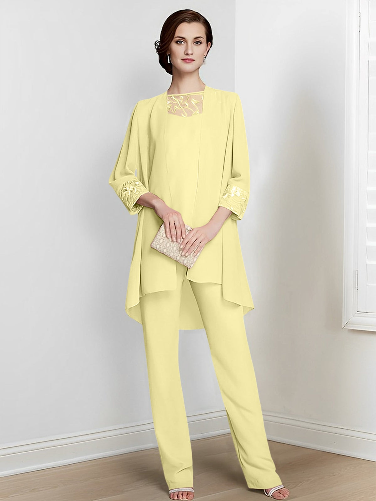 Floor Length Chiffon Pantsuit With Square Neck And Jacket For Mother Of The Bride