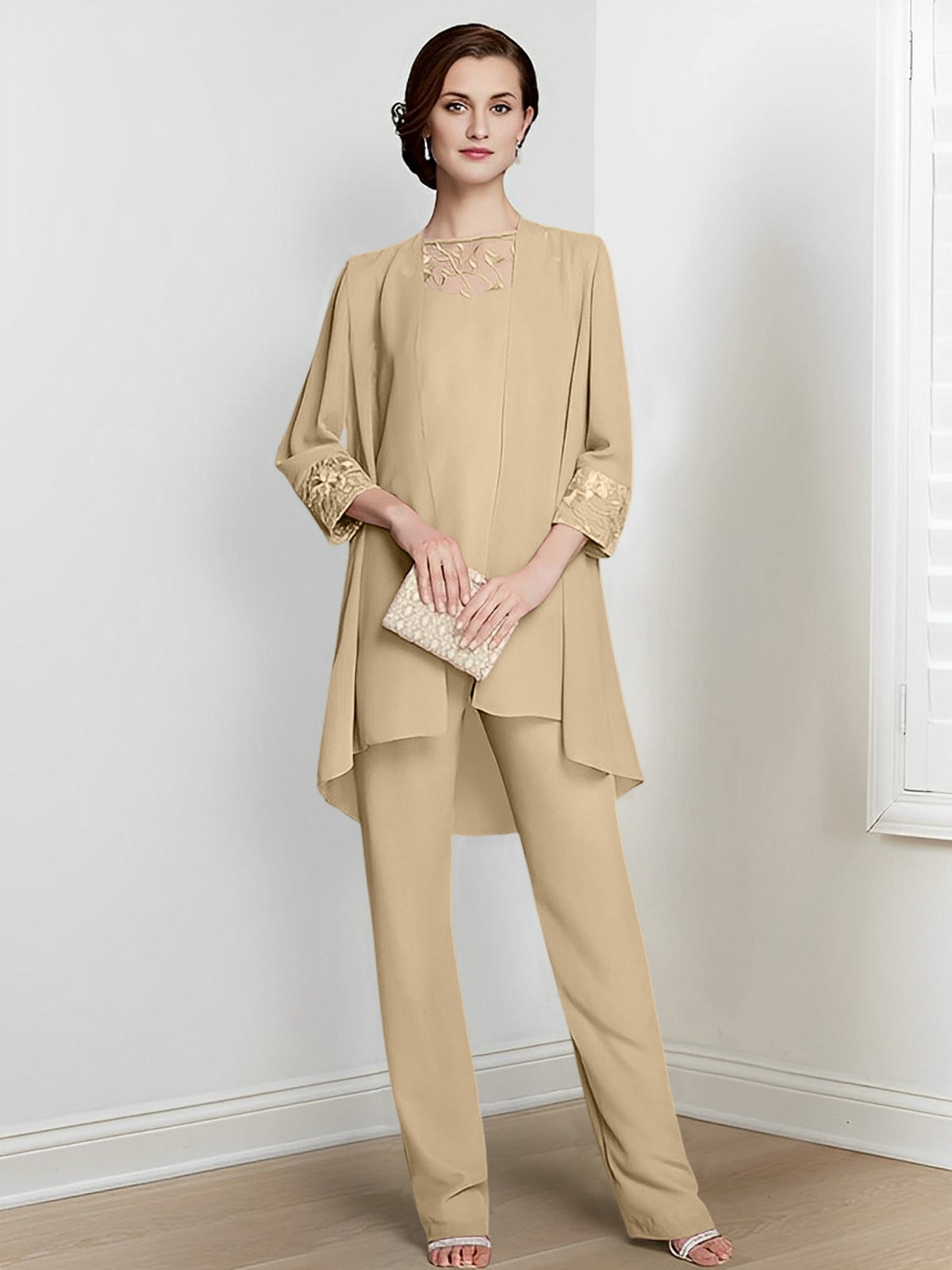 Floor Length Chiffon Pantsuit With Square Neck And Jacket For Mother Of The Bride