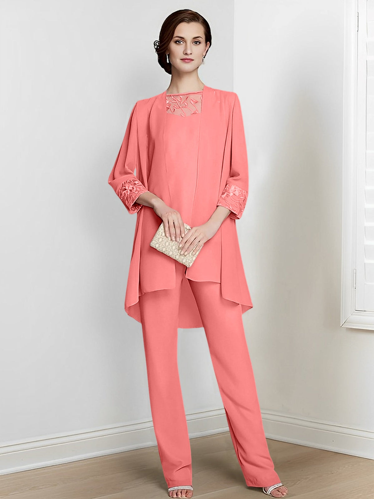 Floor Length Chiffon Pantsuit With Square Neck And Jacket For Mother Of The Bride