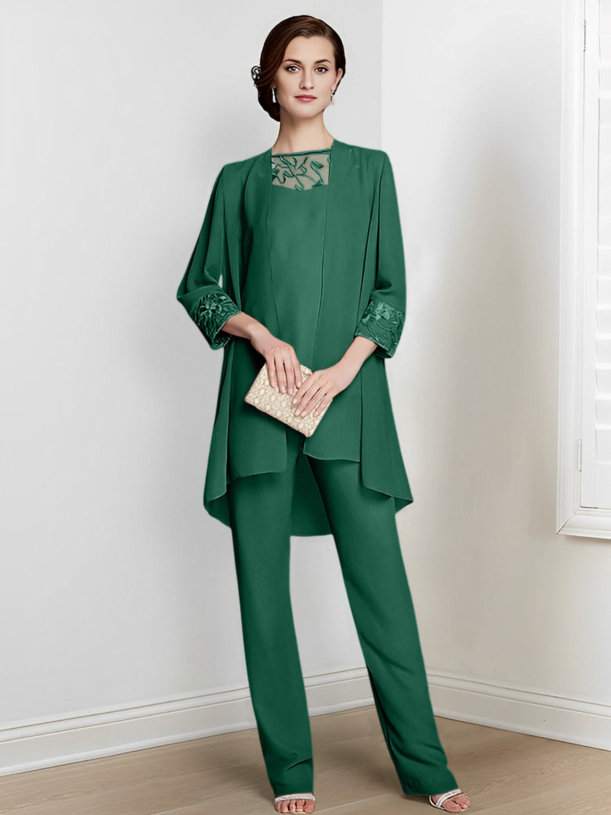 Floor Length Chiffon Pantsuit With Square Neck And Jacket For Mother Of The Bride