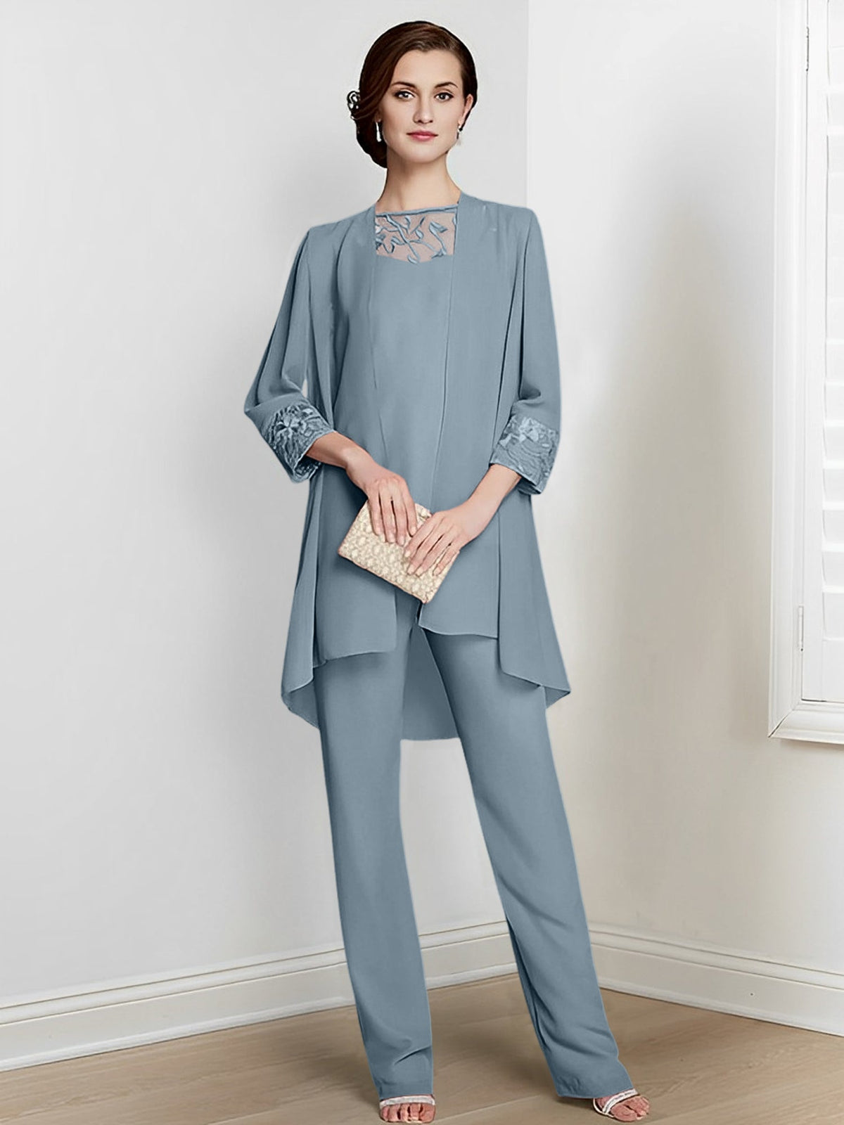 Floor Length Chiffon Pantsuit With Square Neck And Jacket For Mother Of The Bride