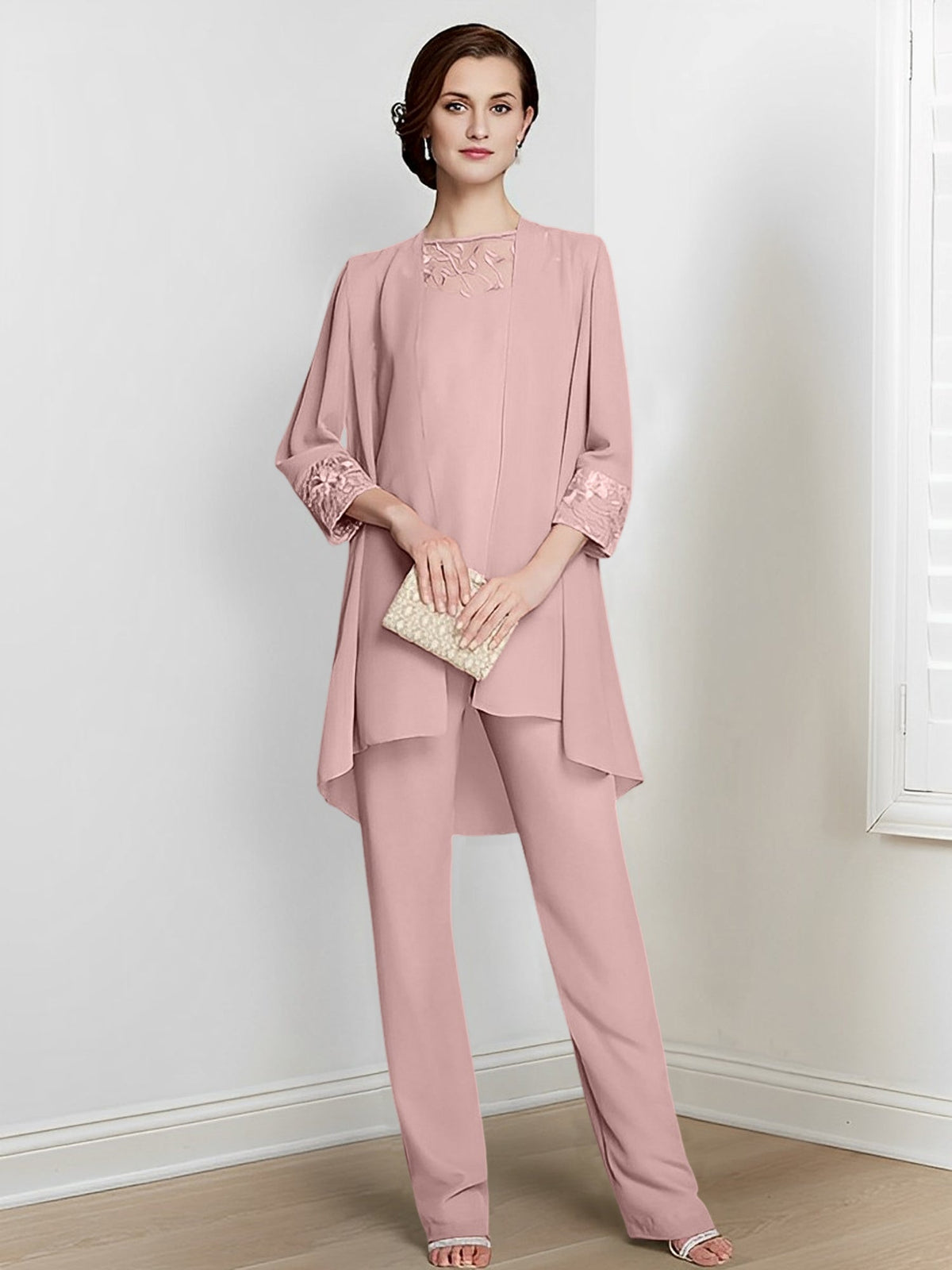 Floor Length Chiffon Pantsuit With Square Neck And Jacket For Mother Of The Bride