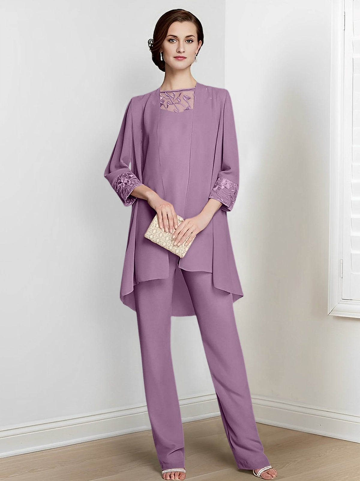 Floor Length Chiffon Pantsuit With Square Neck And Jacket For Mother Of The Bride