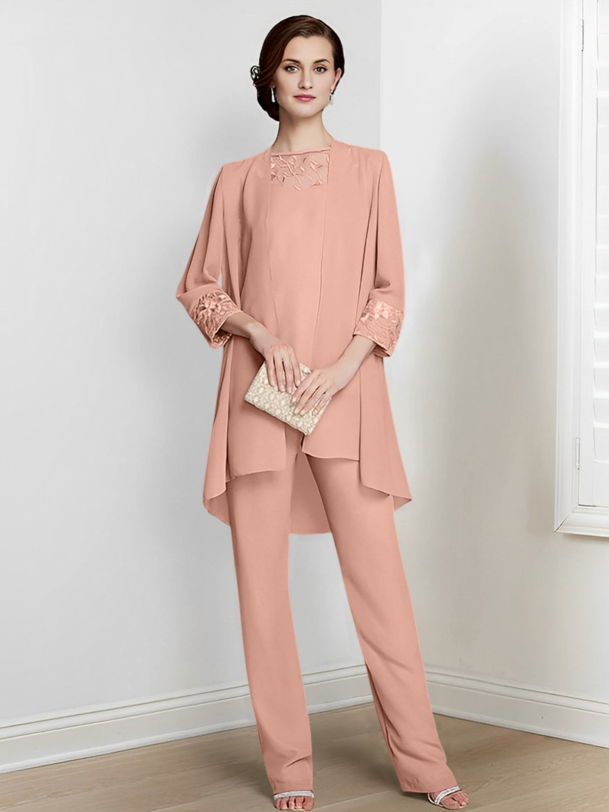 Floor Length Chiffon Pantsuit With Square Neck And Jacket For Mother Of The Bride