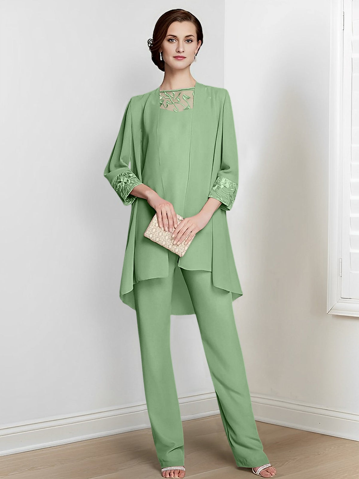 Floor Length Chiffon Pantsuit With Square Neck And Jacket For Mother Of The Bride