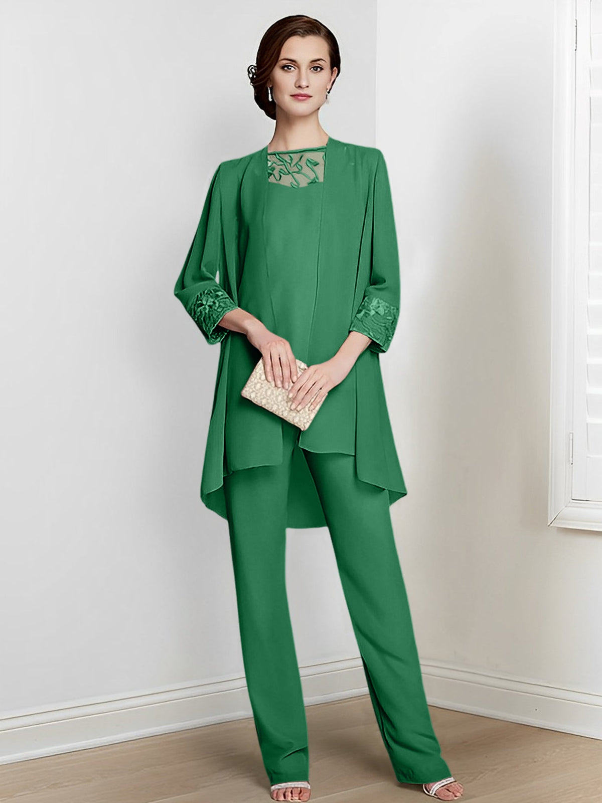 Floor Length Chiffon Pantsuit With Square Neck And Jacket For Mother Of The Bride