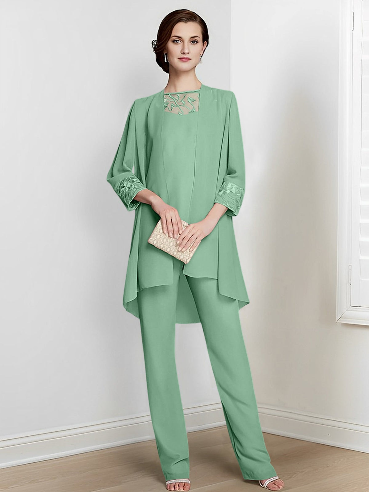Floor Length Chiffon Pantsuit With Square Neck And Jacket For Mother Of The Bride