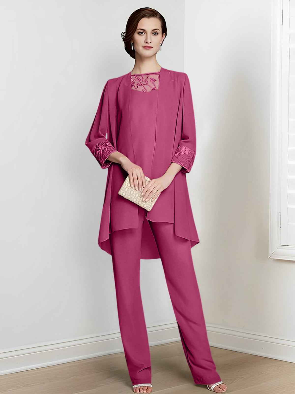 Floor Length Chiffon Pantsuit With Square Neck And Jacket For Mother Of The Bride