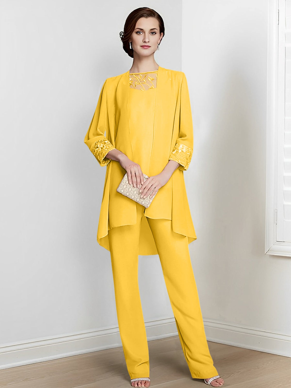 Floor Length Chiffon Pantsuit With Square Neck And Jacket For Mother Of The Bride