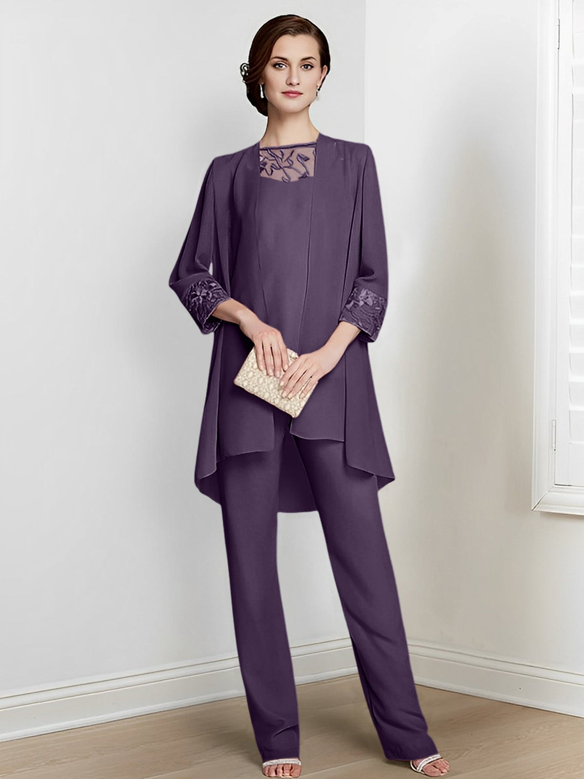 Floor Length Chiffon Pantsuit With Square Neck And Jacket For Mother Of The Bride