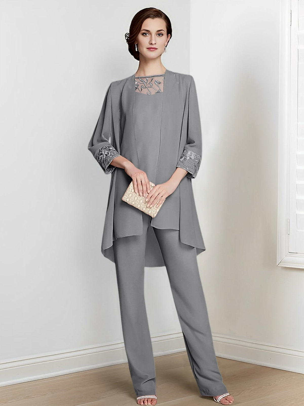 Floor Length Chiffon Pantsuit With Square Neck And Jacket For Mother Of The Bride