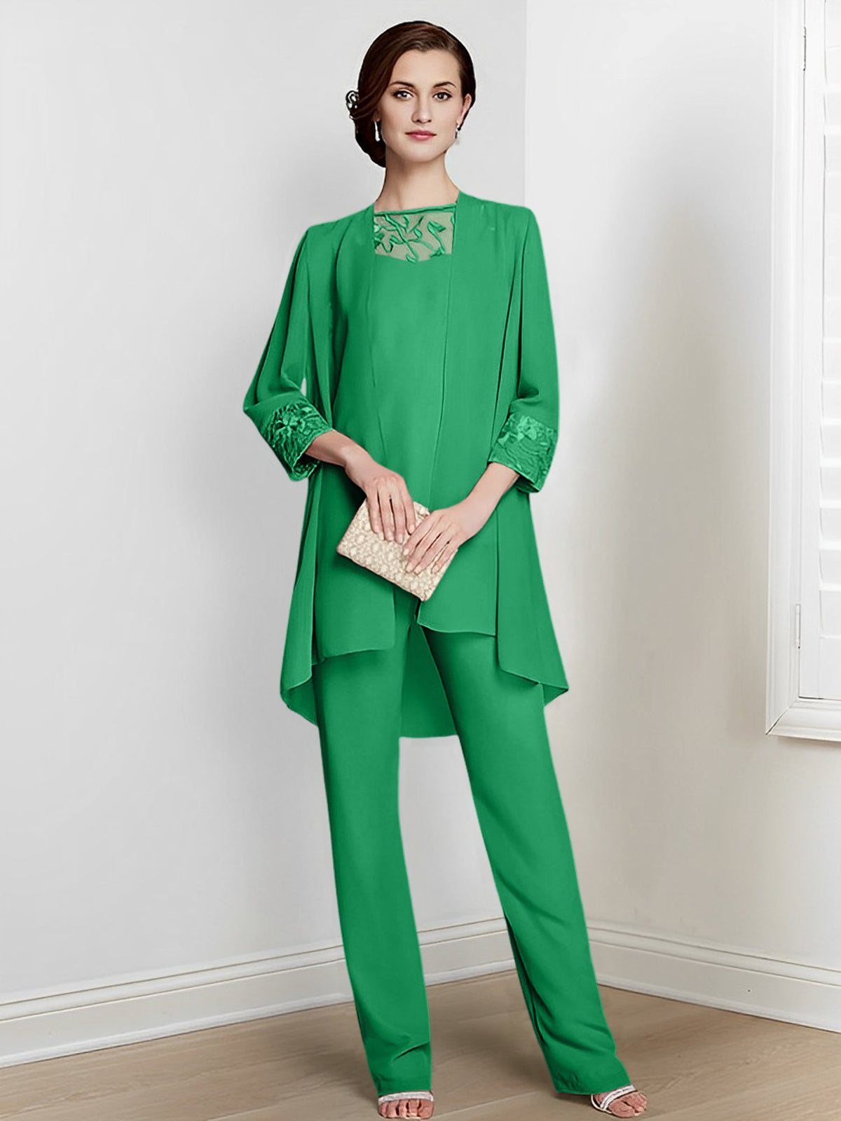 Floor Length Chiffon Pantsuit With Square Neck And Jacket For Mother Of The Bride