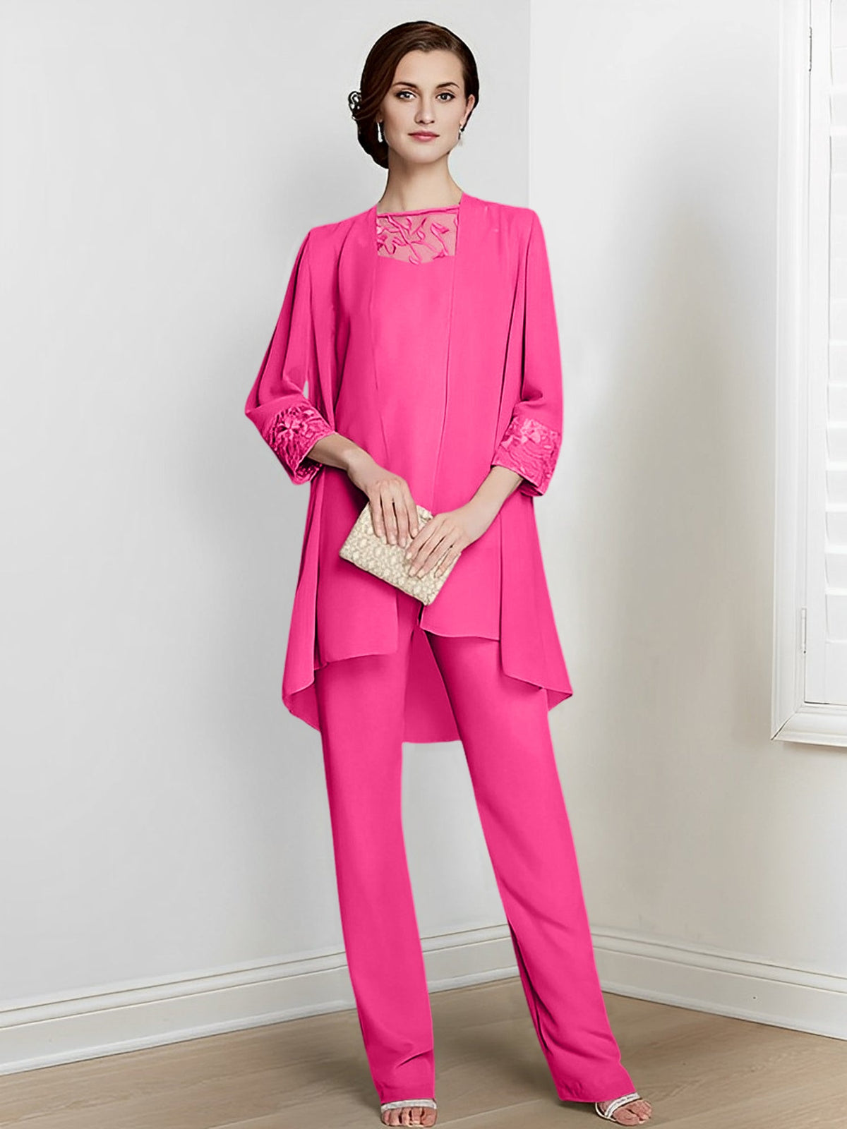 Floor Length Chiffon Pantsuit With Square Neck And Jacket For Mother Of The Bride