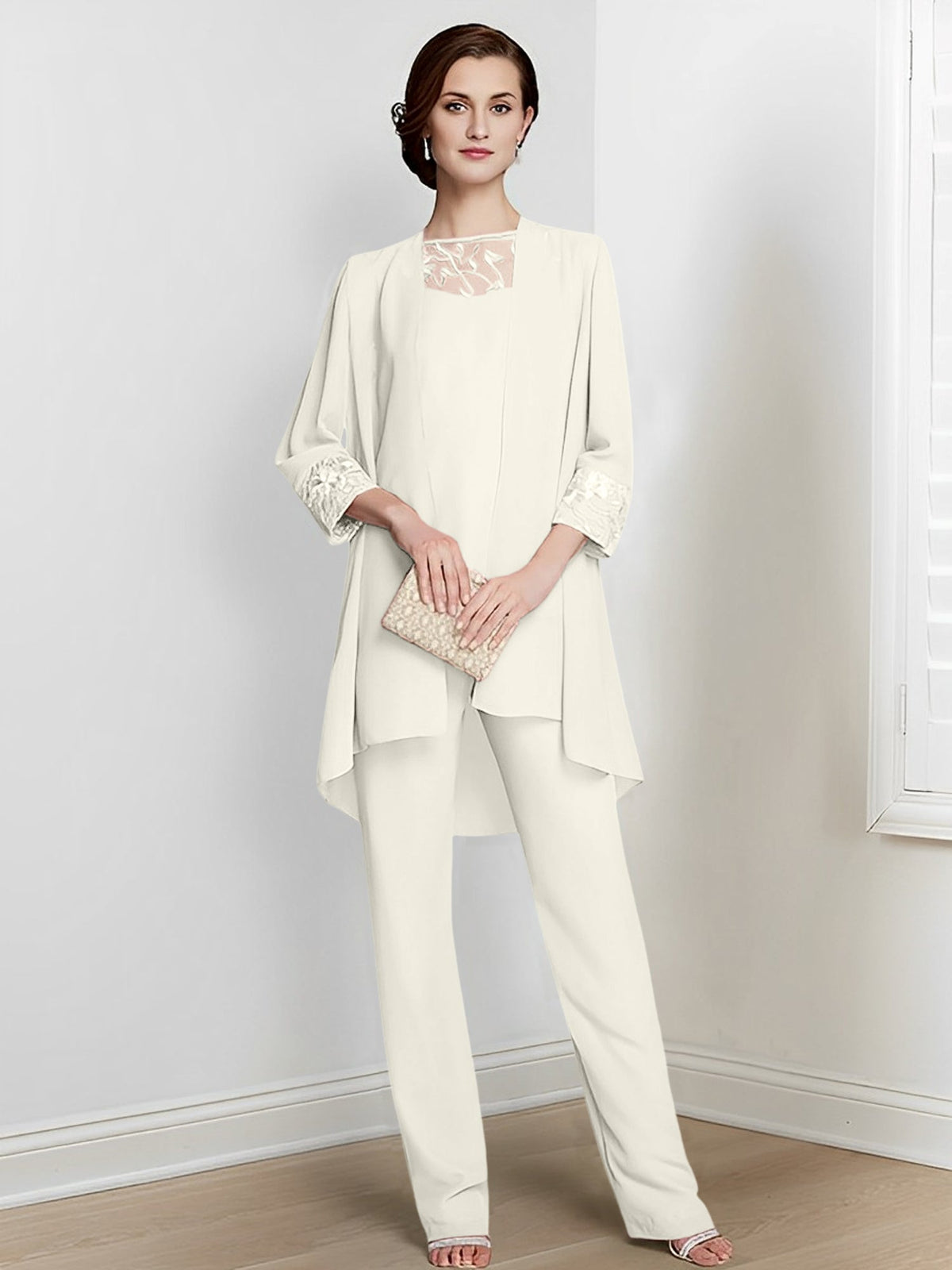 Floor Length Chiffon Pantsuit With Square Neck And Jacket For Mother Of The Bride