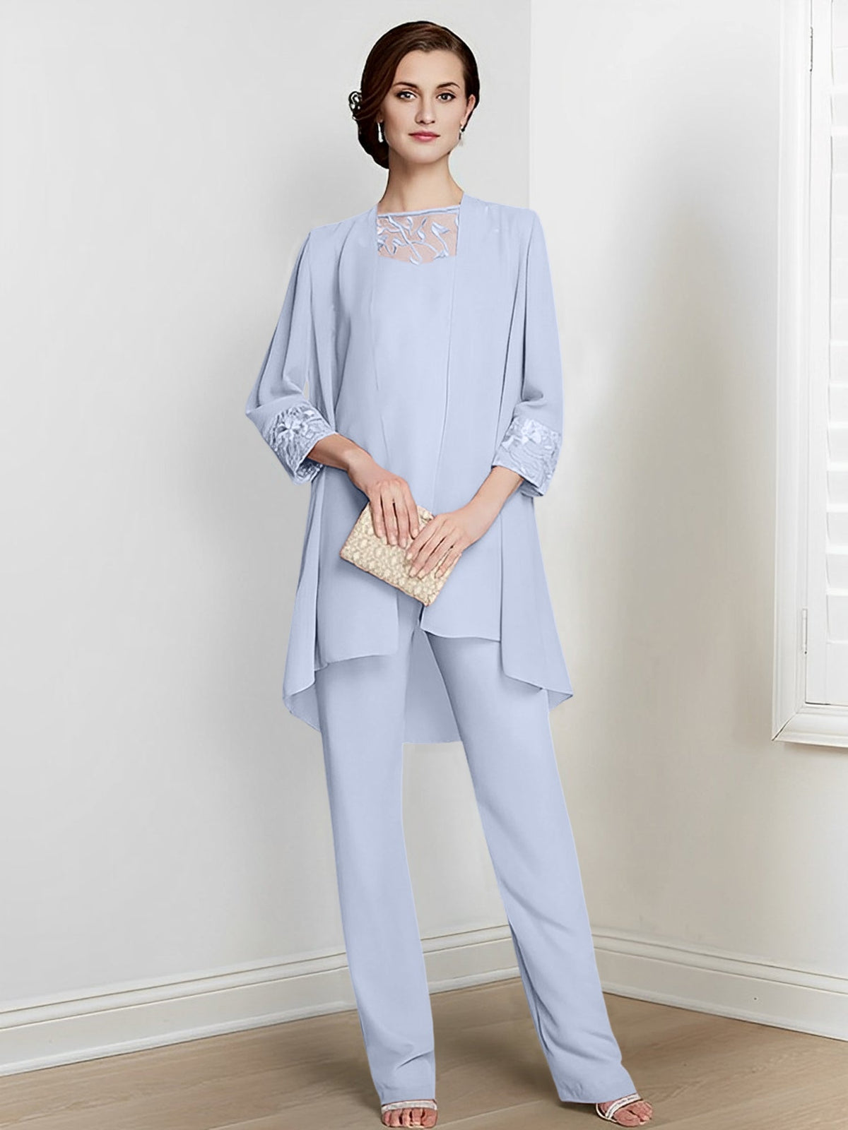 Floor Length Chiffon Pantsuit With Square Neck And Jacket For Mother Of The Bride