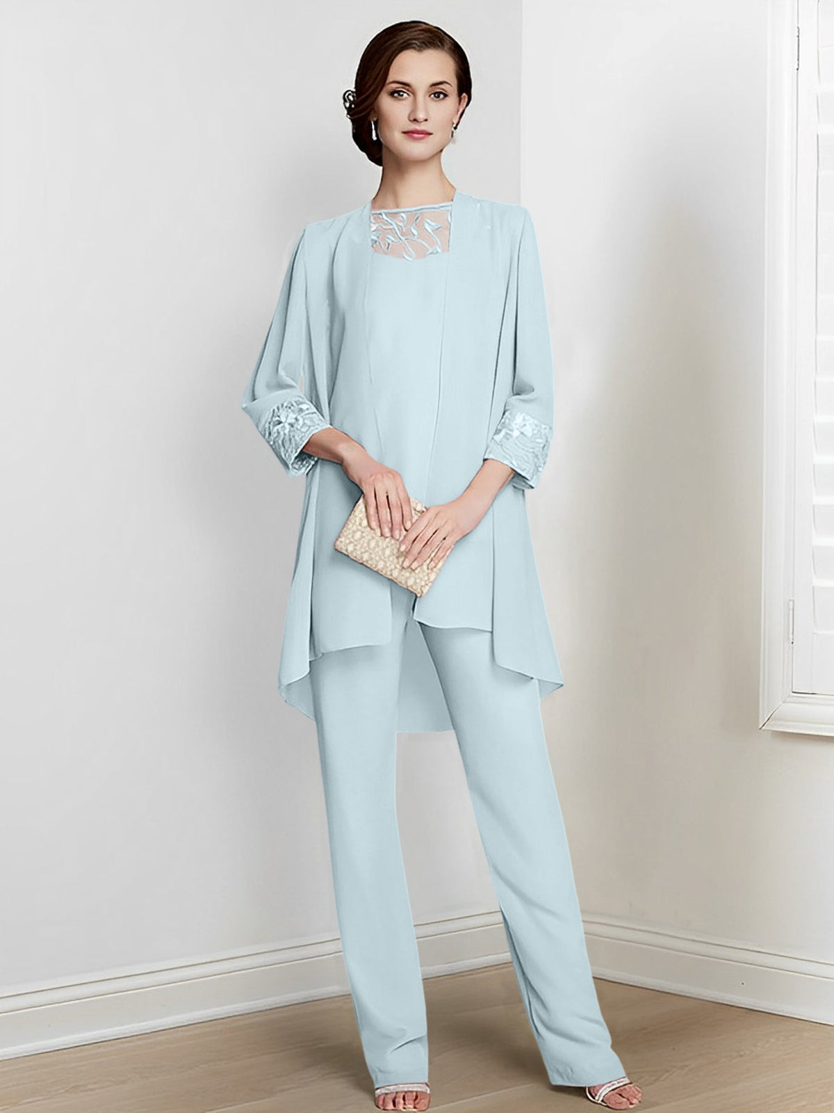 Floor Length Chiffon Pantsuit With Square Neck And Jacket For Mother Of The Bride
