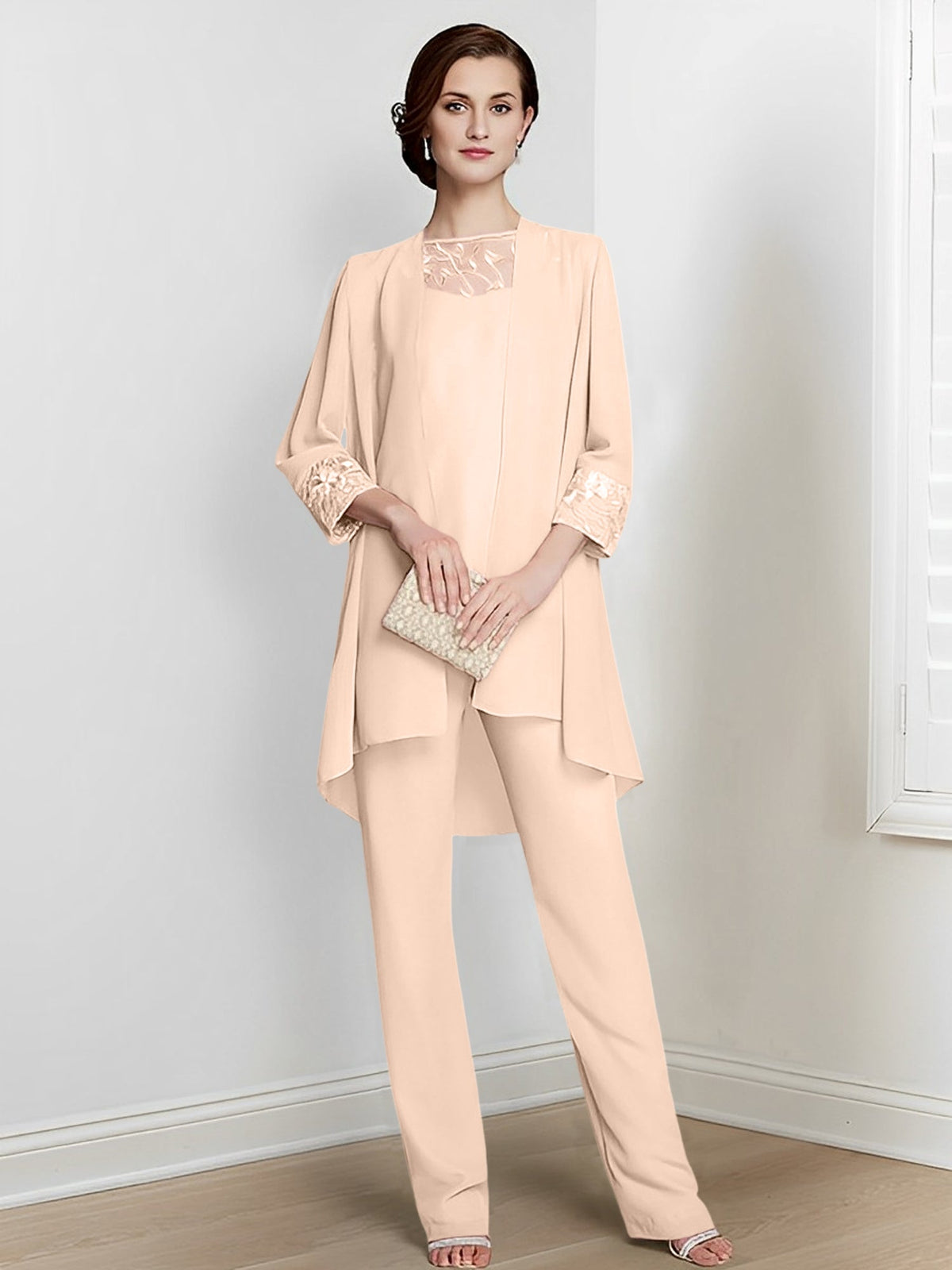Floor Length Chiffon Pantsuit With Square Neck And Jacket For Mother Of The Bride