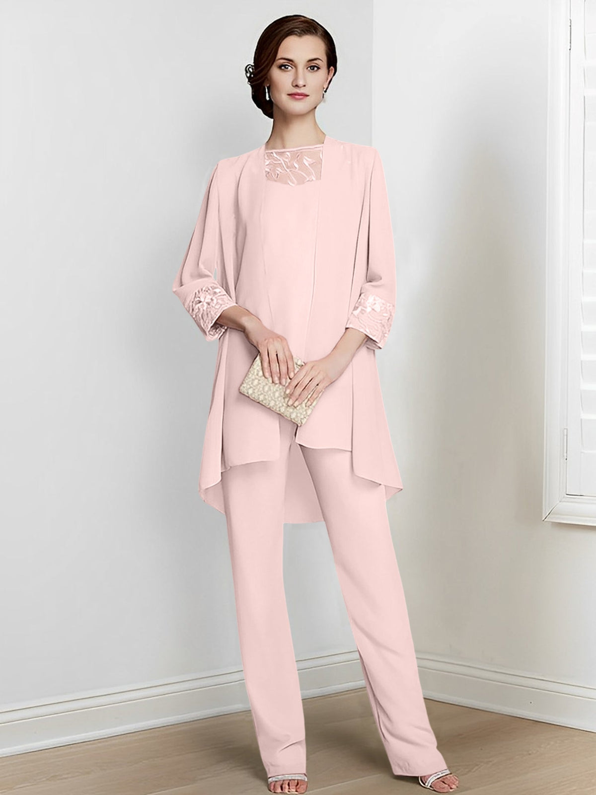 Floor Length Chiffon Pantsuit With Square Neck And Jacket For Mother Of The Bride